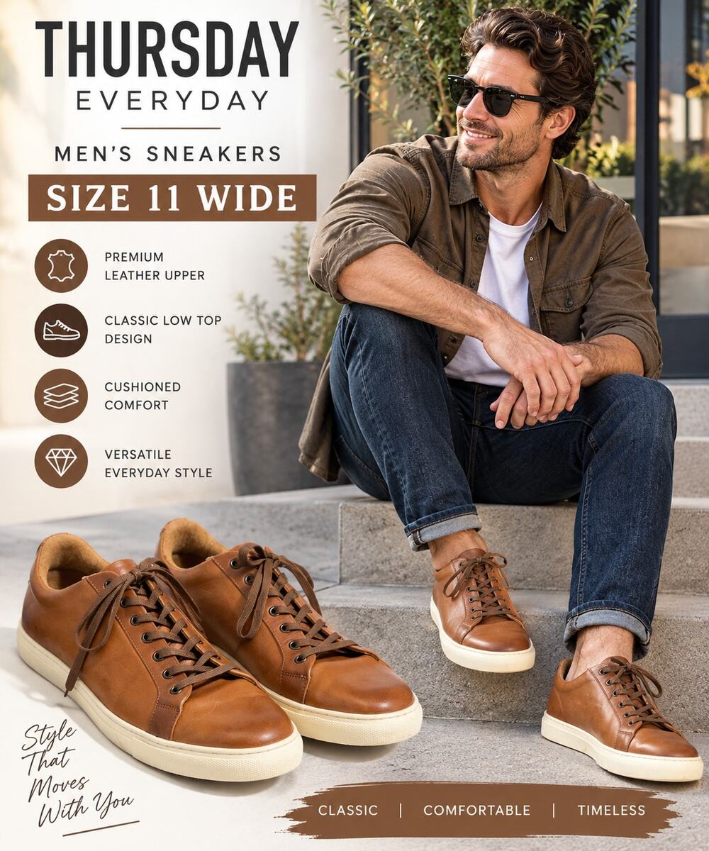 Thursday Everyday Men’s Size 11 Wide Brown Leather Low Top Sneakers Casual Shoes
